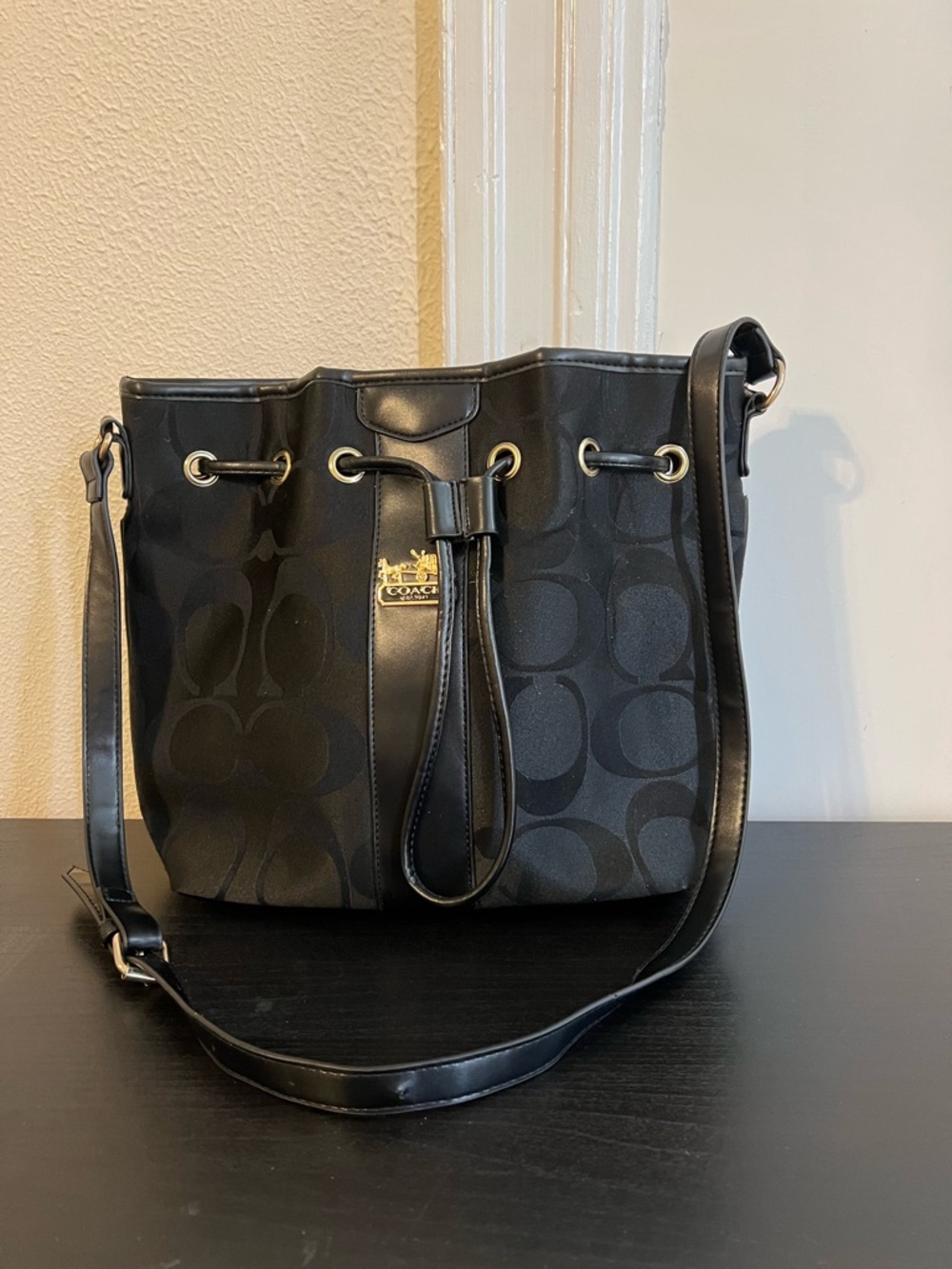 Coach Black Signature Drawstring Crossbody
